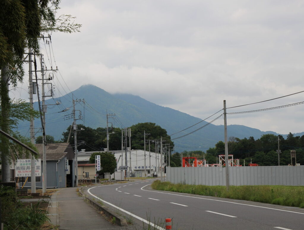 向こうに見えるのが筑波山。昔はこの通りにもバスが走っており、店の前に停留所があったそうです＝下妻市高道祖