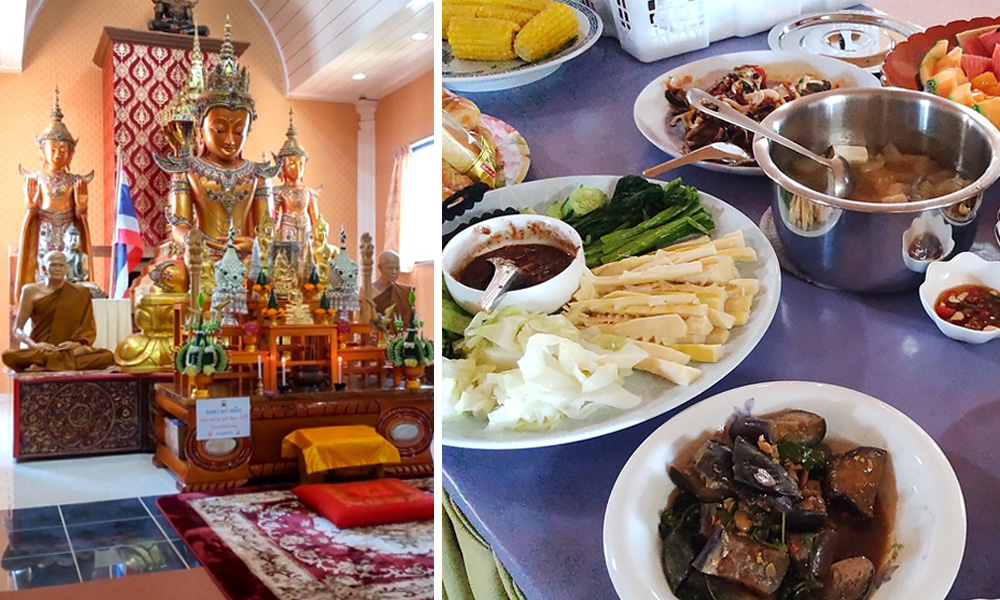 本場の味・タイ料理（右）とエキゾチックな仏像＝筑西市神分