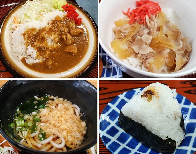 カレー、肉丼、うどん、そしておにぎり。どれもまごころのこもった味です。