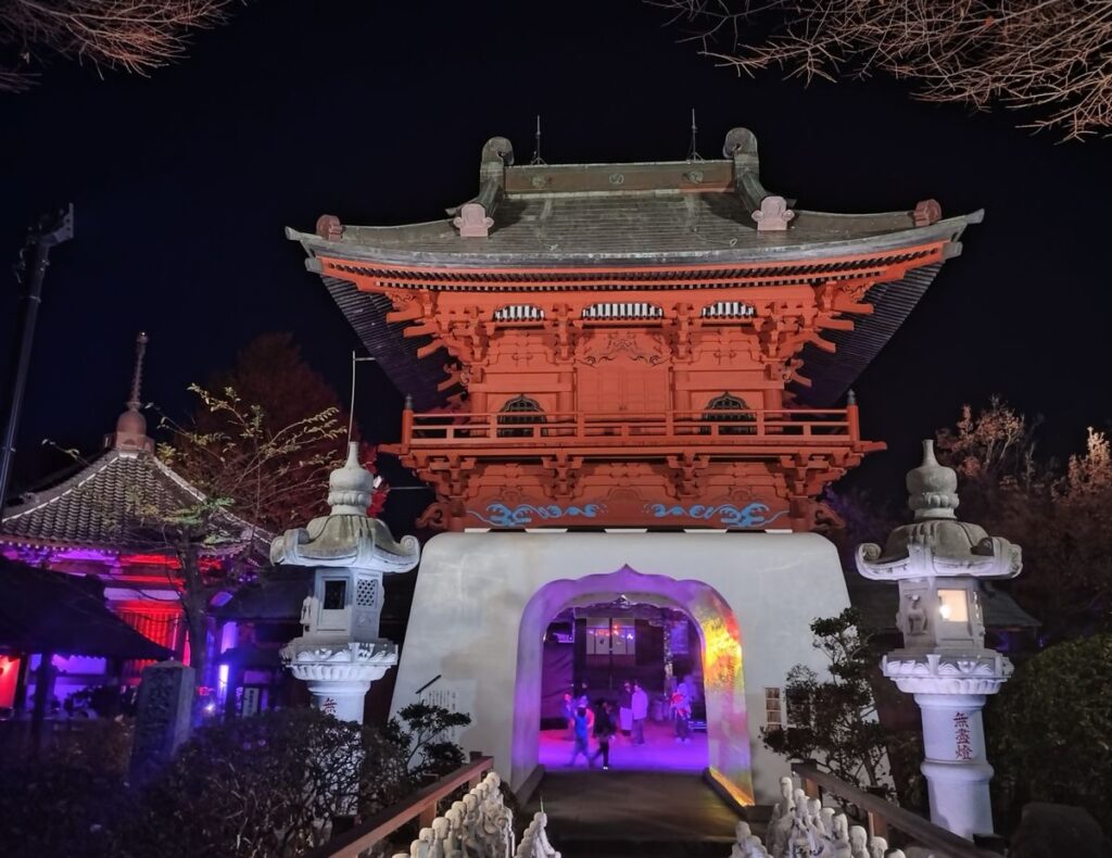 ライトアップされ美しく浮かび上がる乗国寺山門（結城市指定文化財）＝結城市結城