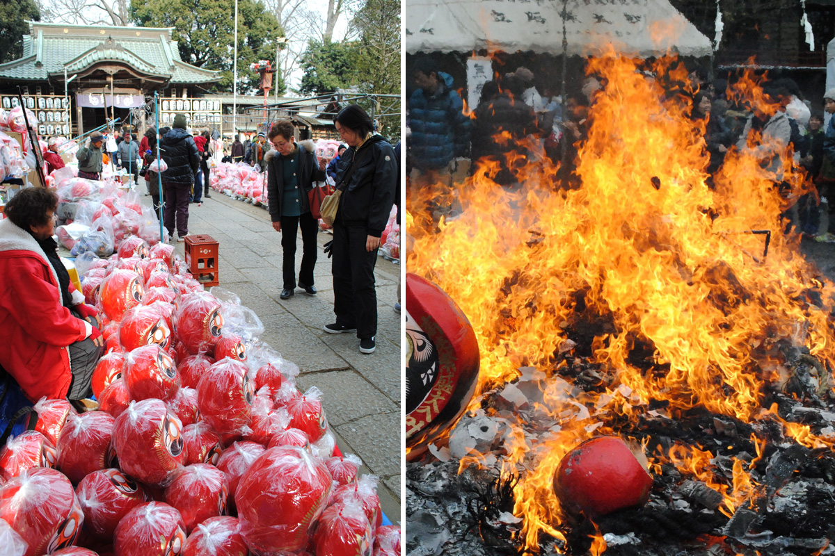 雀神社のだるま市（左）とどんど焼き（資料写真）