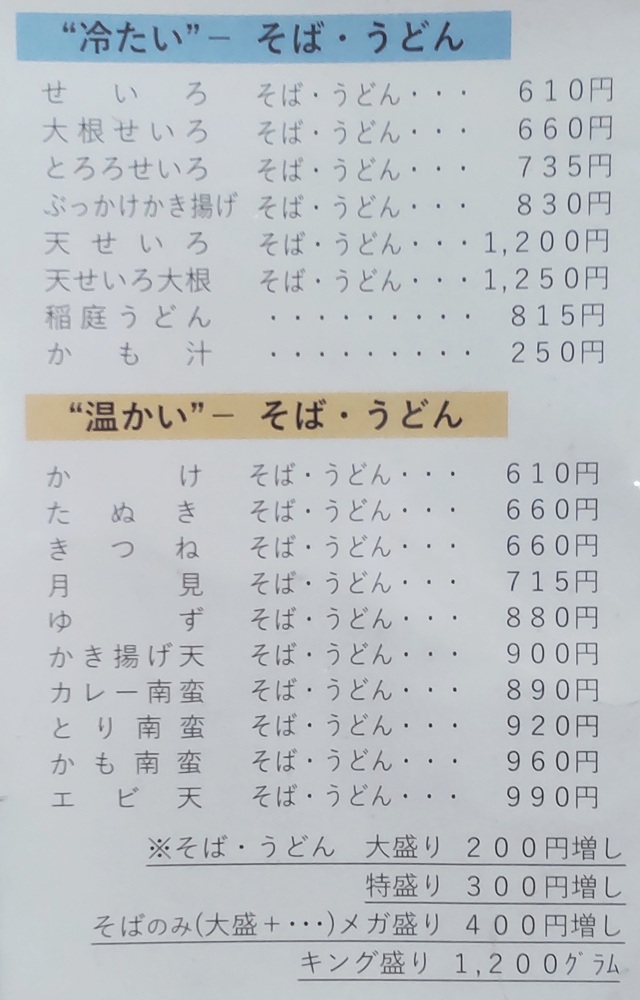 メニュー表。そば・うどんの他に丼などのセットメニューもあります。