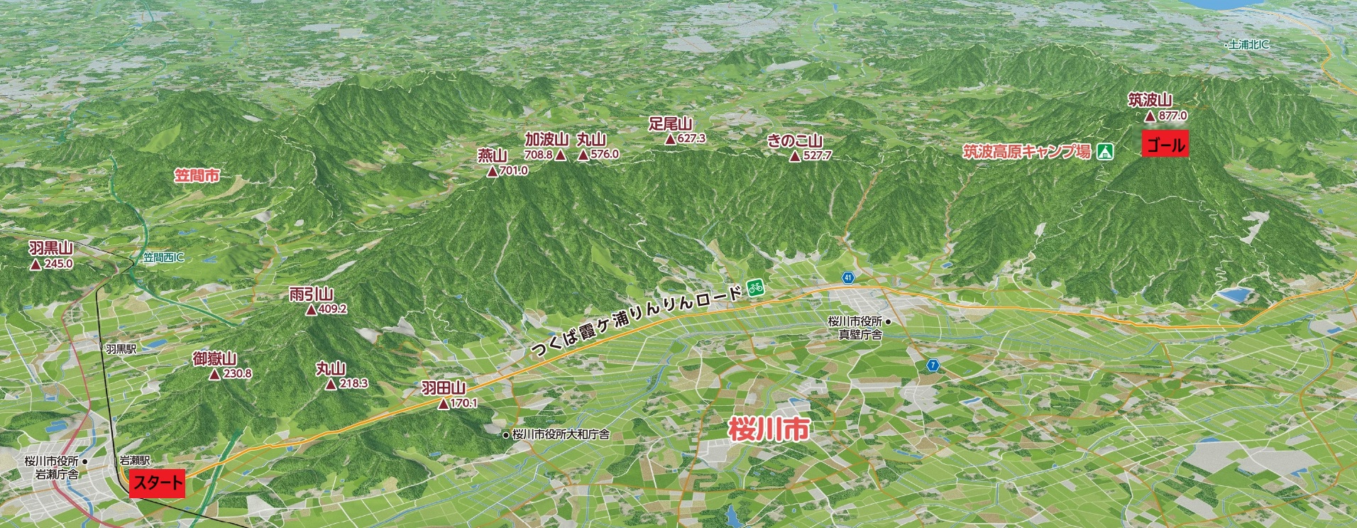 左のスタート地点から右のゴール地点まで歩いています(画像提供は桜川市商工観光課)