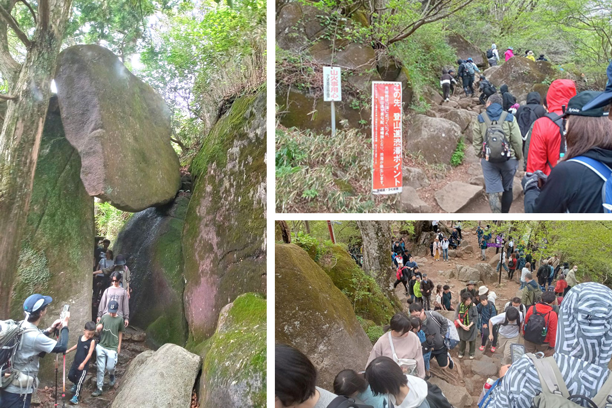 巨岩がバランスを保つ「弁慶七戻り」（左）と、登山渋滞を知らせる立て看板（右上）、女体山頂下の混雑（右下）