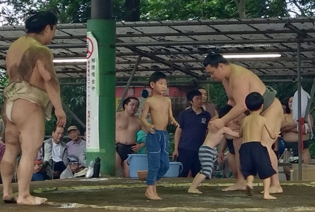 力士に挑む園児たち＝2025年6月14日