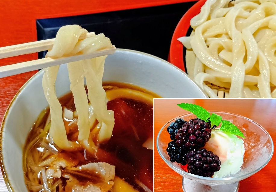もちもちのうどんとブラックベリーのアイス