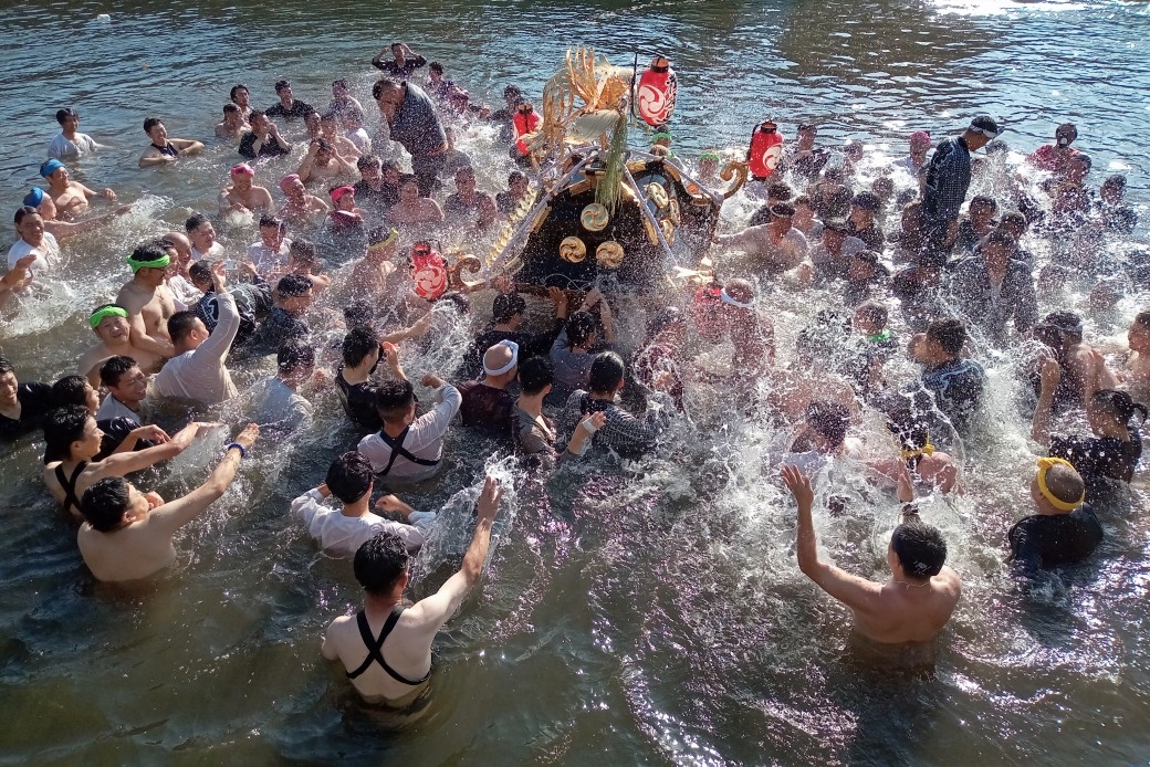 下館祇園まつりの最後を飾るみこしの川渡御＝2023年7月30日、筑西市丙