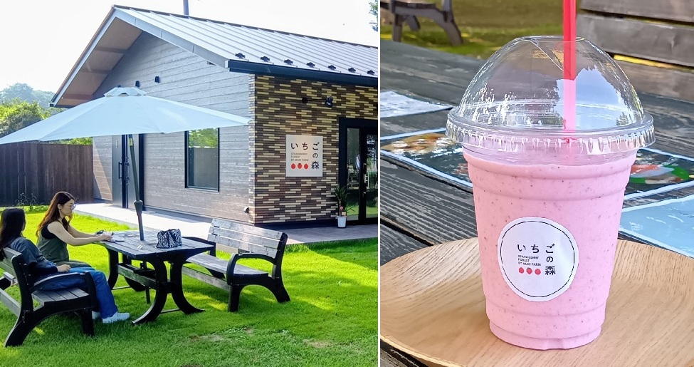 「森ファームサービス」にオープンした「いちごの森」（左）と、そこで販売されている「いちごスムージー」