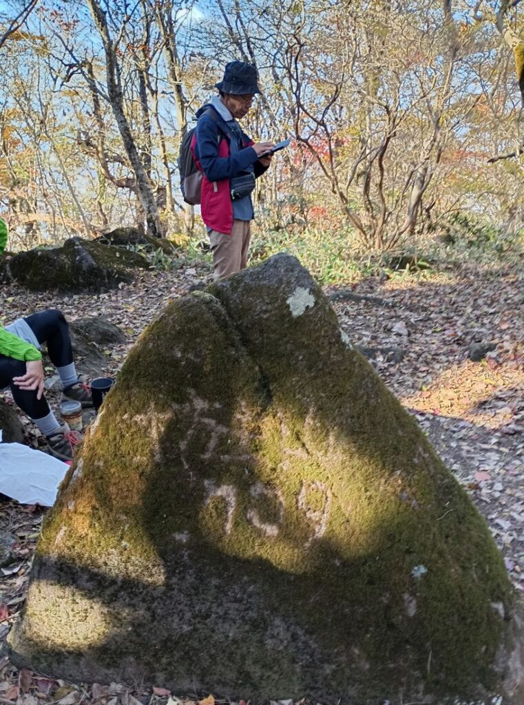 坊主山の山頂付近。石に「坊主山709」と書かれています