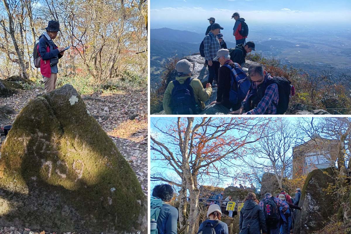 坊主山の山頂付近（左）、女体山の山頂（右上）、女体山山頂下の行列（右下）