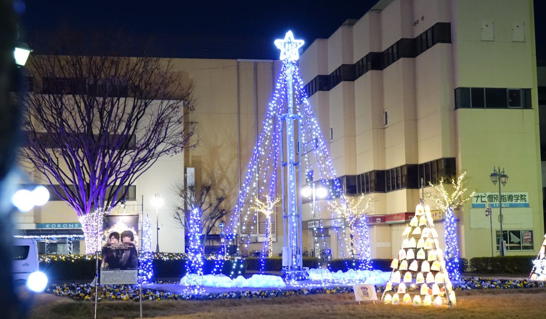 JR結城駅北口ロータリーを彩るイルミネーション＝結城市国府町