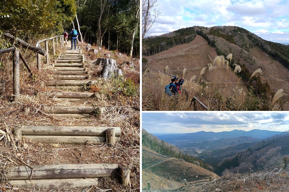 仏頂山山頂下の階段（左）、仏頂山（右上）、仏頂山山頂下から望む山々（右下）