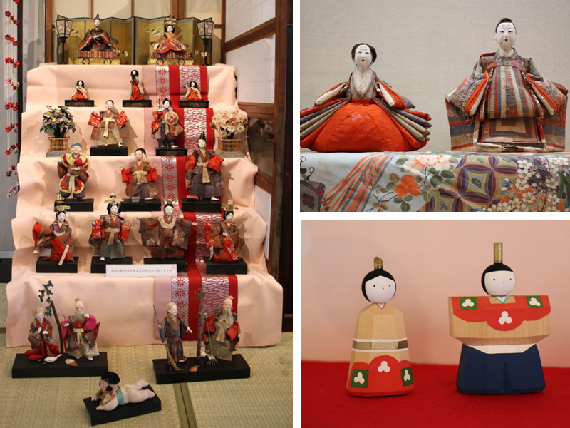 昭和3年3月3日生まれの方のおひなさま（左）、ふっくらとした顔立ちが愛らしい、貴重な享保びな（右上）、愛媛で大正時代から受け継がれる、木彫りの伝統工芸で作られたおひなさま（右下）