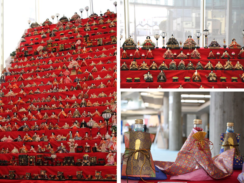 「筑西雛祭り2026ひなめぐり」で展示されている21段のひな飾り（写真左、右上）と市民の作品（右下）＝筑西市丙