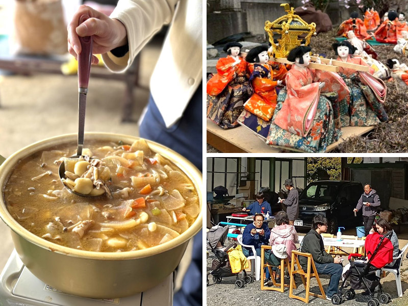 名物のすいとん（写真左）と変わりびな（右上）、すいとんなどを味わう人たち（右下）＝桜川市真壁町古城