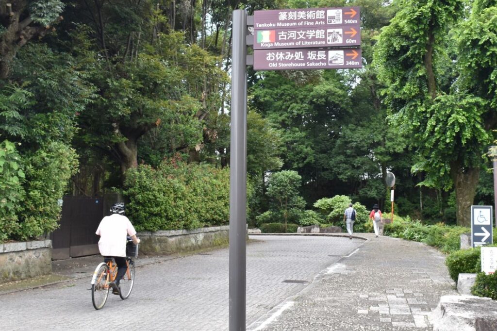 古河文学館から古河歴史博物館に向かう堀跡沿いの散歩道。緑に囲まれ散策を楽しむ人もいる＝古河市中央町