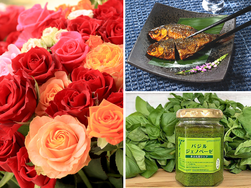 古河市で栽培されるバラ（左）と、フナ甘露煮（右上）、バジルジェノベーゼ（右下）（いずれも古河市観光物産課提供）