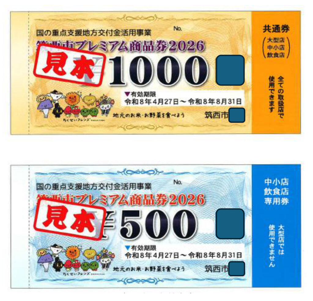 筑西市プレミアム商品券2026の見本（筑西市提供）