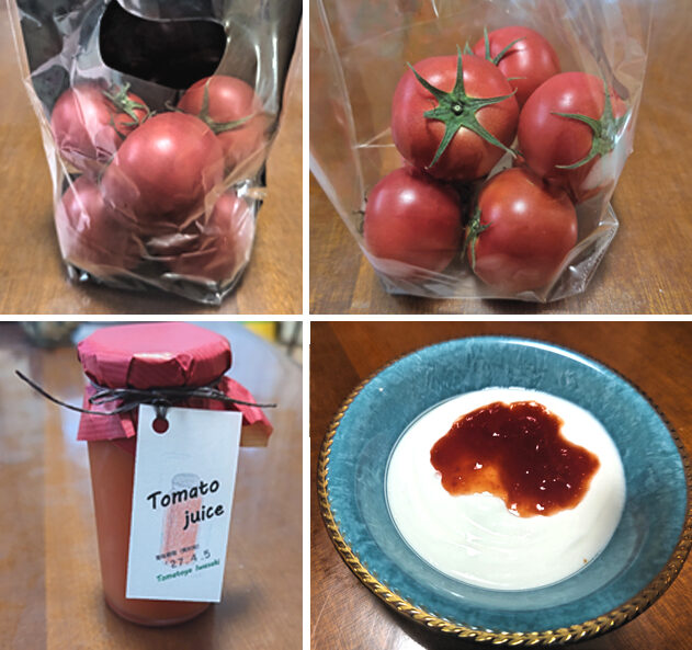 今回実食した「みどりS」「あかS」(上段左から)と、とまとじゅーす、ヨーグルトソース(下段左から)