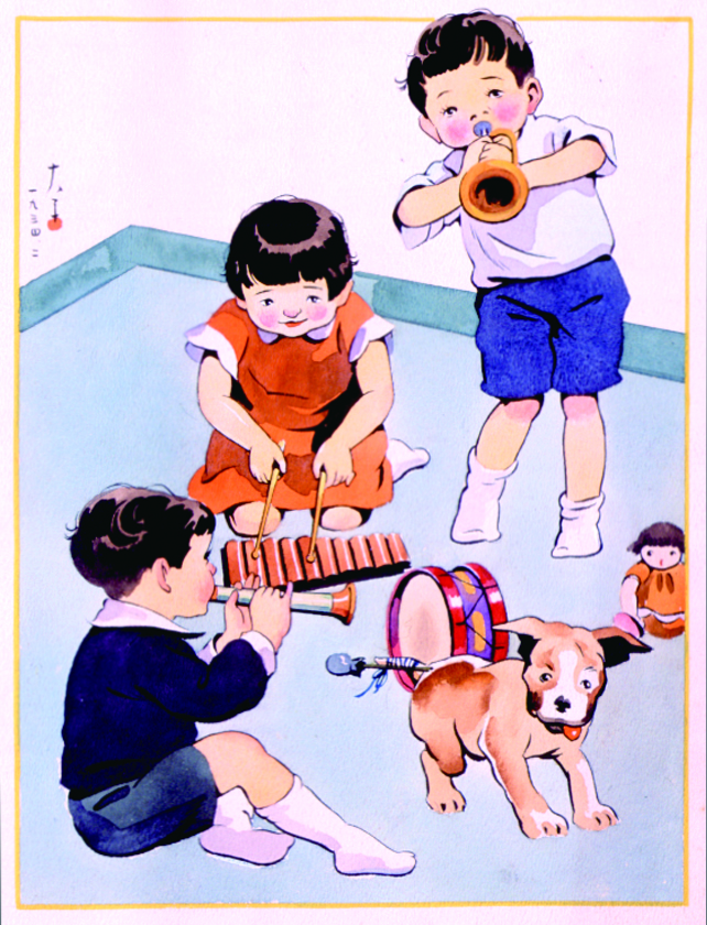 No.2:岩崎大子 作(楽しそうに楽器を演奏する子どもたちと犬の絵)