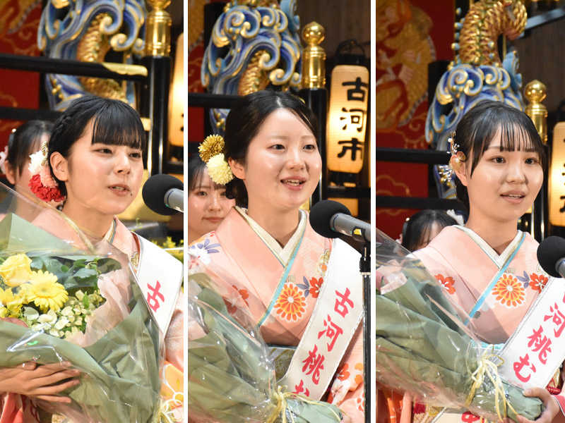 新たに桃むすめに選ばれた倉岡莉那さん、稲葉千尋さん高矢朋伽さん(左から)