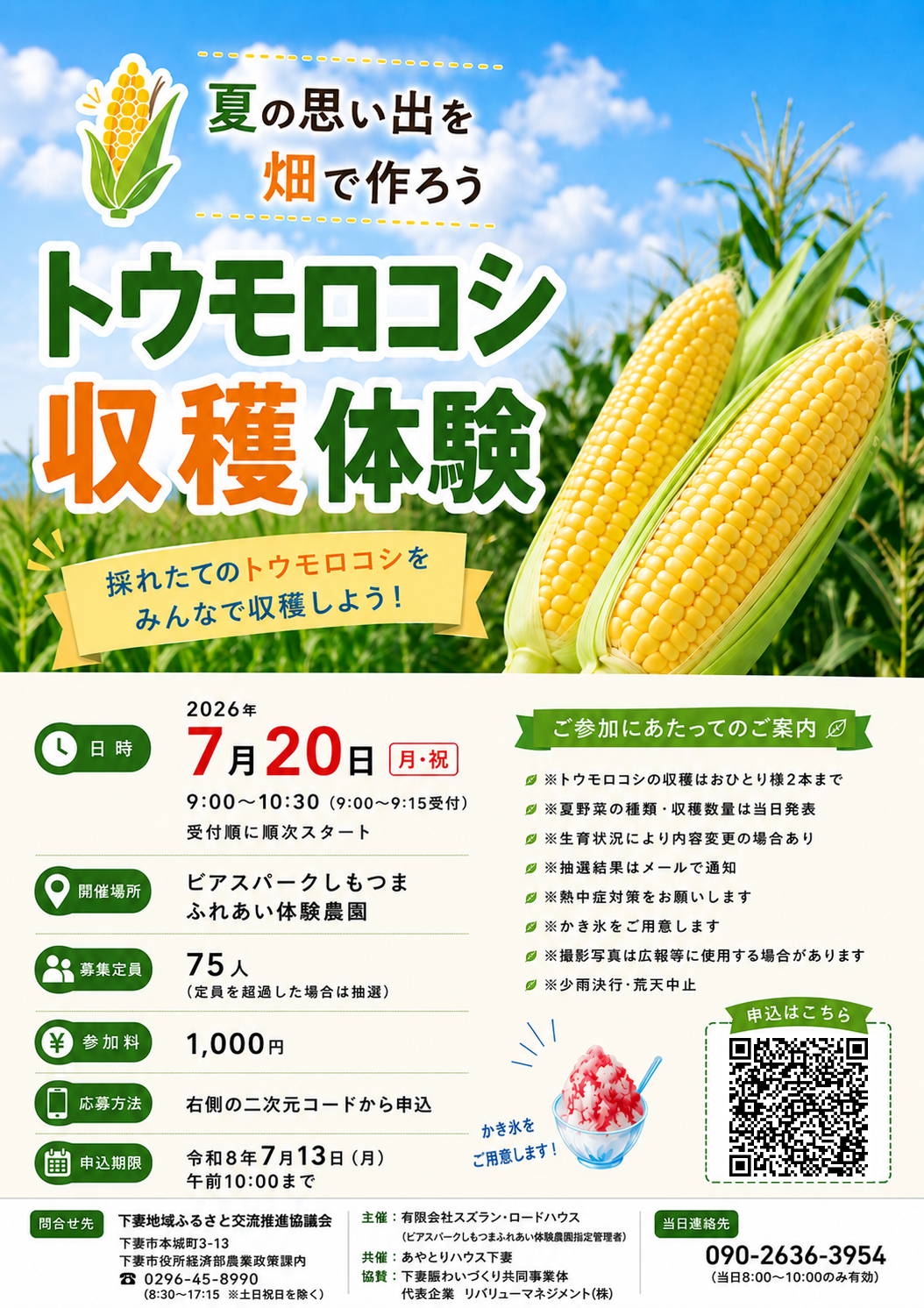 トウモロコシ収穫体験のチラシ（下妻市役所提供）