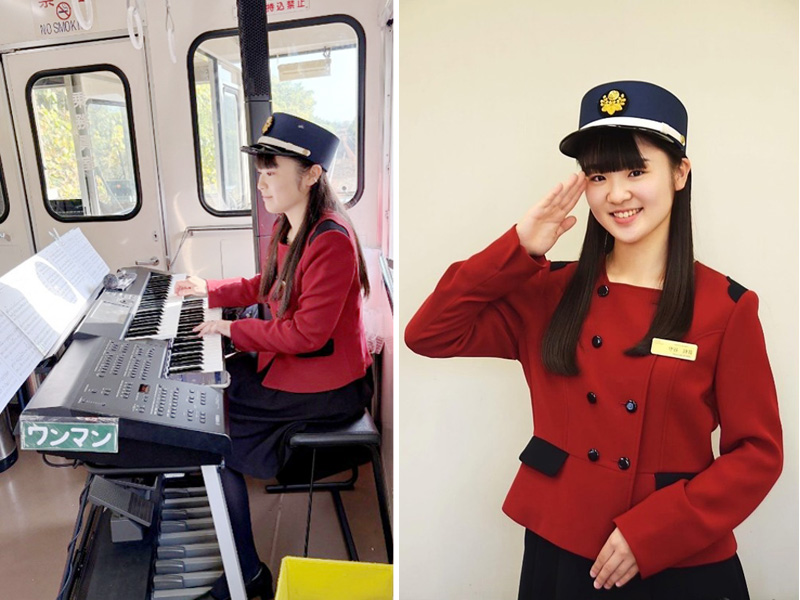 車内で演奏する神立響子さん(関東鉄道提供)