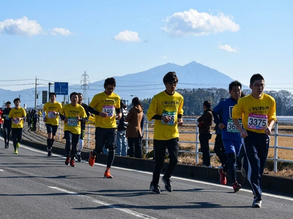 筑波山をバックに力走するランナー（ちくせいハーフマラソン事務局提供）